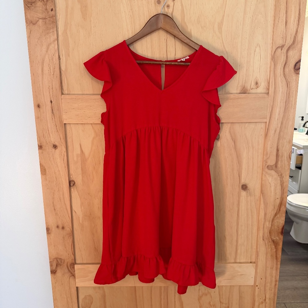 Red Babydoll Dress with ruffle hem and sleeves - Picture 5 of 5